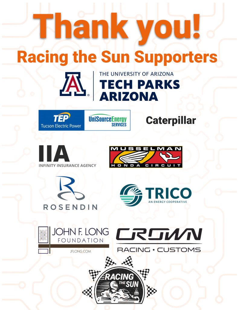 Logos of sponsors for Racing the Sun, including The University of Arizona Tech Parks Arizona, TEP Tucson Electric Power, UniSource Energy Services, Caterpillar, and others.